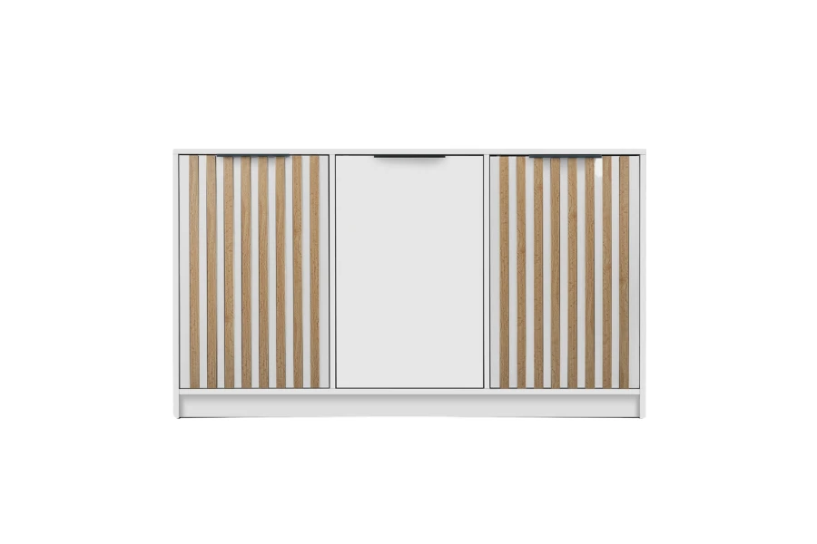 Modernes weißes Sideboard mit dekorativen Lamellen in Holzoptik.