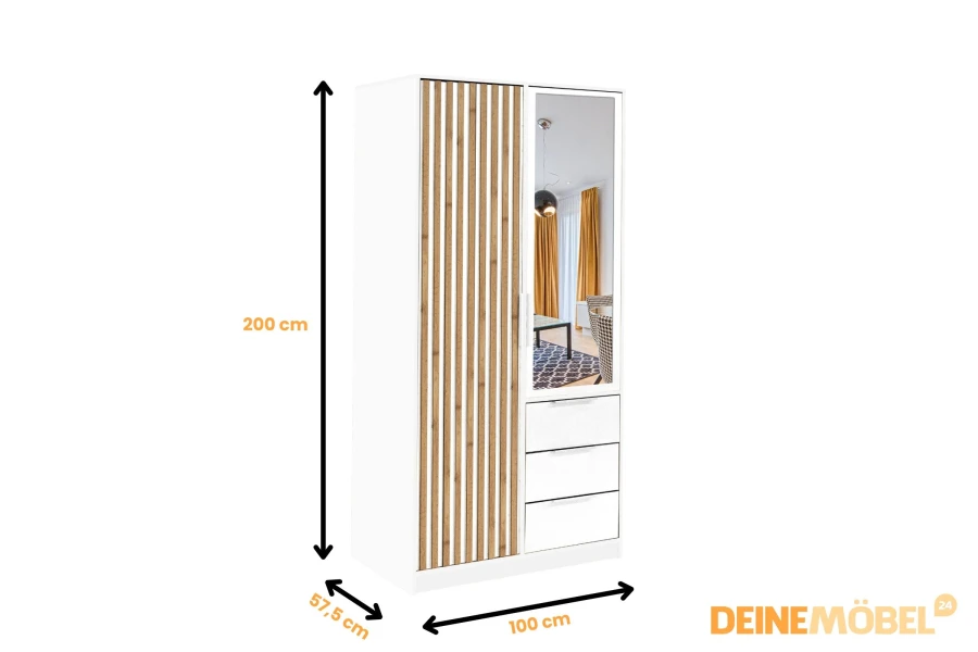 Weißer Kleiderschrank mit Spiegel, Schubladen und Lamellen, Maße 100x200 cm.