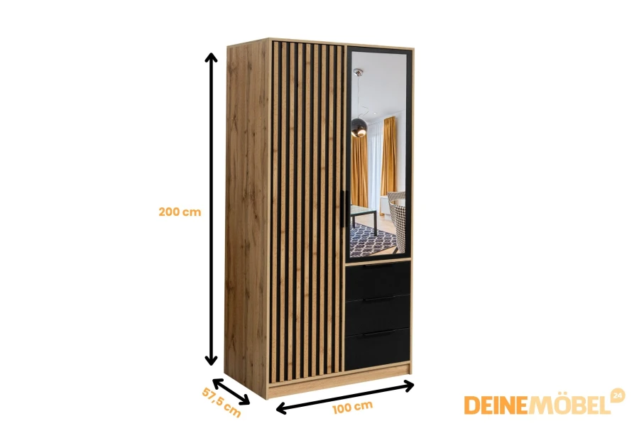 Kleiderschrank in Artisan Eiche mit Spiegel und schwarzen Lamellen, Maße 100x200 cm.