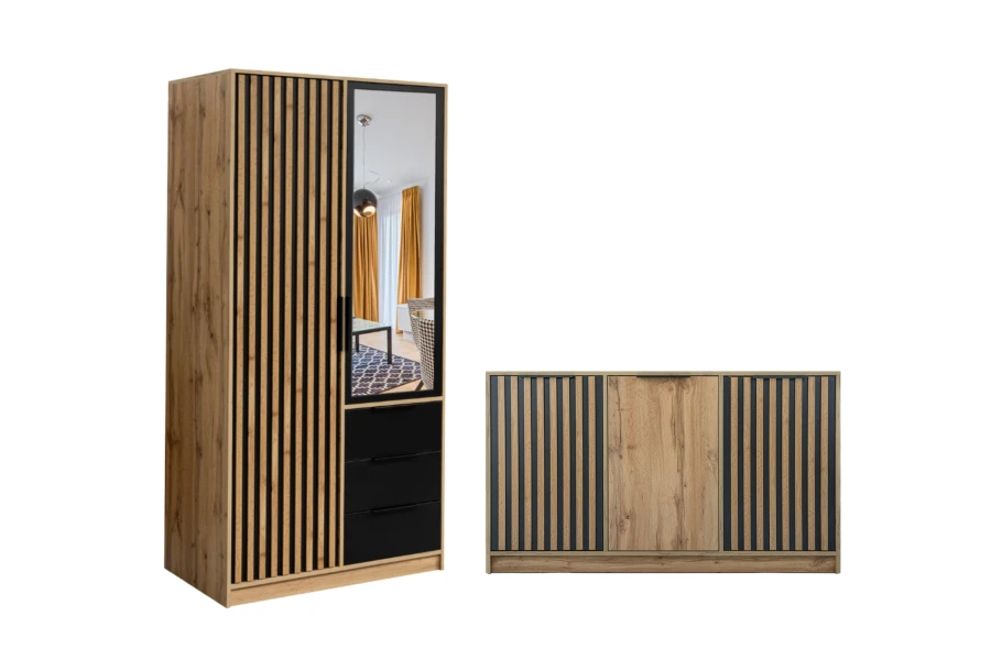 Möbel-Set in Artisan Eiche mit Kleiderschrank und Sideboard mit schwarzen Lamellen.