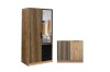 Moderner Kleiderschrank und Sideboard Set in Eiche mit schwarzen Lamellen und Spiegel.