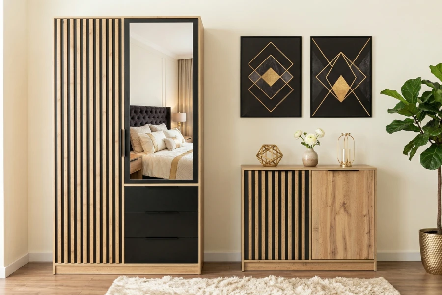Einrichtungsidee Schlafzimmer: Eichen-Kleiderschrank und Kommode im modernen Lamellen-Look.