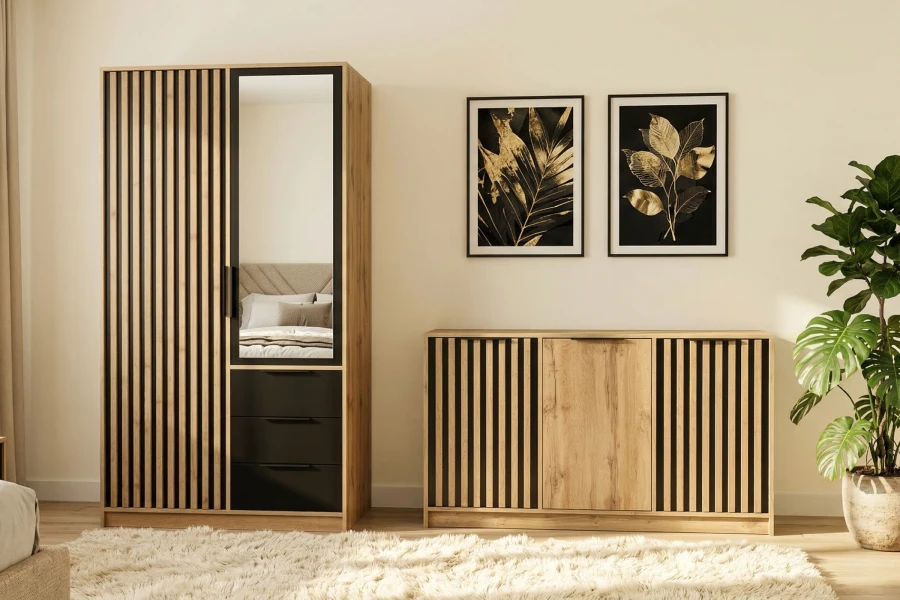 Schlafzimmerset: Kleiderschrank mit Spiegel und passende Kommode in Eiche-Optik.