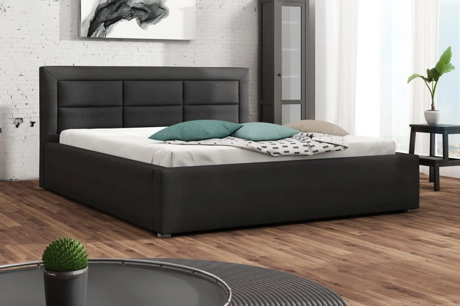 Modernes Schlafzimmer-Design mit dunklem Polsterbett und stilvoller Dekoration.