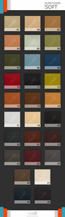 Farbpalette für Kunstleder-Bezüge in verschiedenen Tönen für Betten und Sofas.