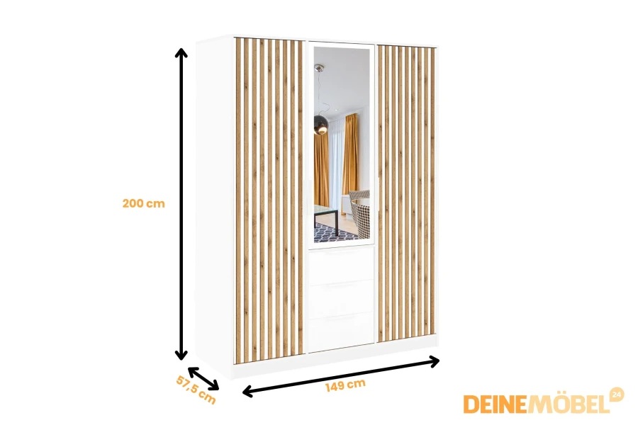 Weißer Kleiderschrank mit Holzlamellen, Spiegel und Maßen: 149x200x57,5 cm.