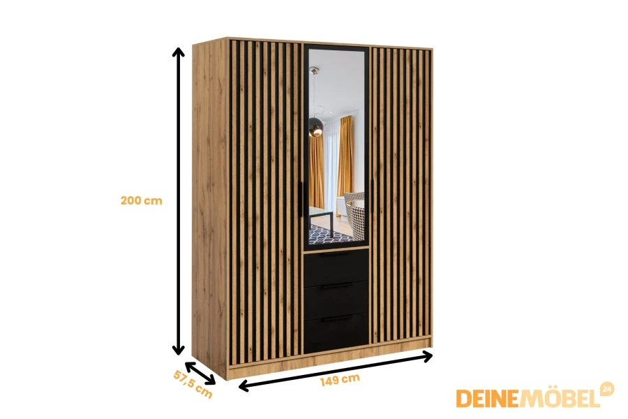 Kleiderschrank in Artisan Eiche mit schwarzen Details, Holzlamellen und Maßen: 149x200x57,5 cm.