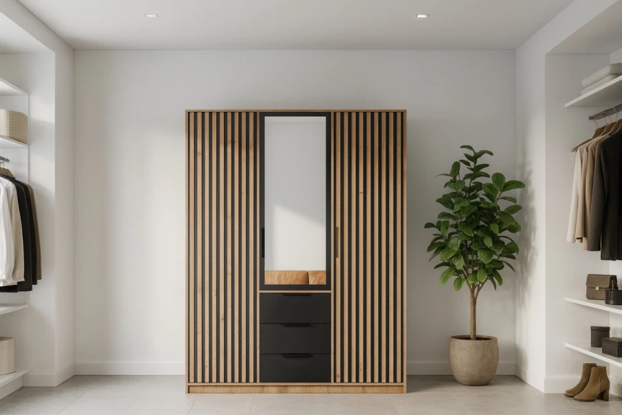 Moderner Kleiderschrank in Eiche mit schwarzen Lamellen, Spiegel und Schubladen.