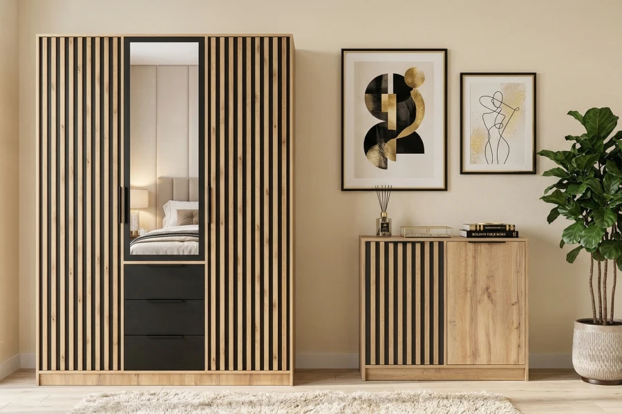 Schlafzimmerset: Kleiderschrank und Kommode in Eiche-Optik mit Lamellen-Dekor.