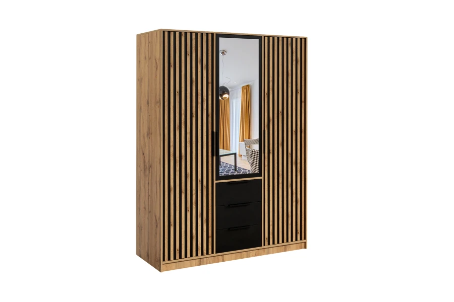 Moderner Kleiderschrank Eiche mit Lamellen-Türen, Spiegel und 3 schwarzen Schubladen.