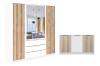 Möbelset in Weiß und Holz-Optik: Kleiderschrank mit Spiegel und Kommode mit dekorativen Lamellen.