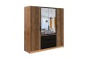 Kleiderschrank in Eiche mit Spiegeltüren, schwarzen Schubladen und Lamellen-Design.