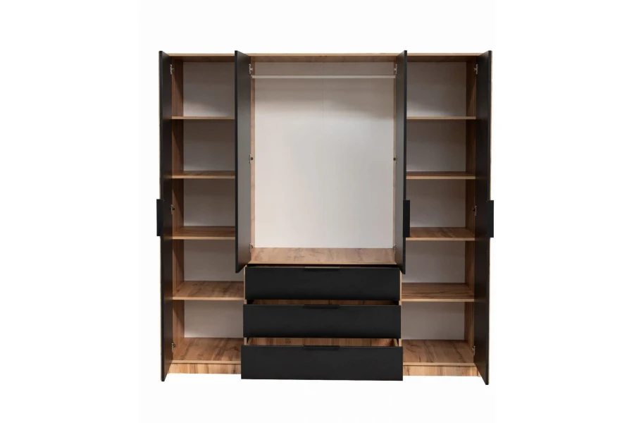 Innenansicht Kleiderschrank in Eiche-Schwarz mit Fachböden und offenen Schubladen.