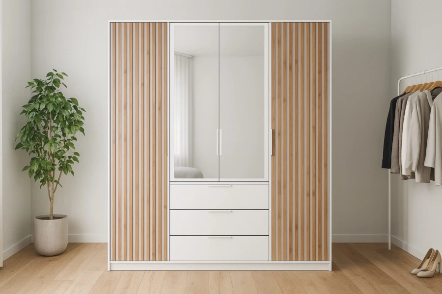 Moderner Kleiderschrank in Weiß mit Holzlamellen, Spiegel und Schubladen im Schlafzimmer.