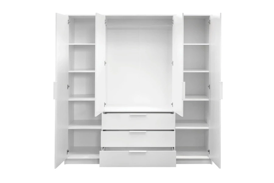 Offener weißer Kleiderschrank mit Regalfächern, Kleiderstange und drei Schubladen.