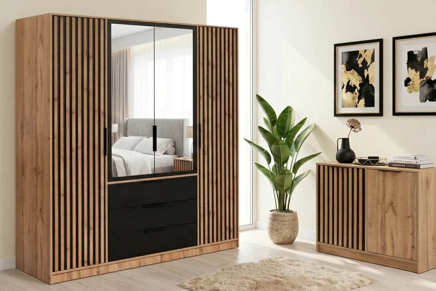 Eiche Kleiderschrank mit schwarzen Lamellen und Spiegeln inklusive passender Kommode für das Schlafzimmer.