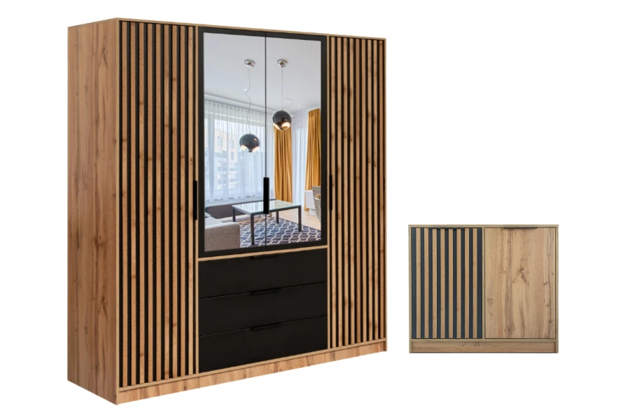 Kleiderschrank in Eiche-Optik mit Lamellen, Spiegel und schwarzen Akzenten inklusive Beistellschrank.