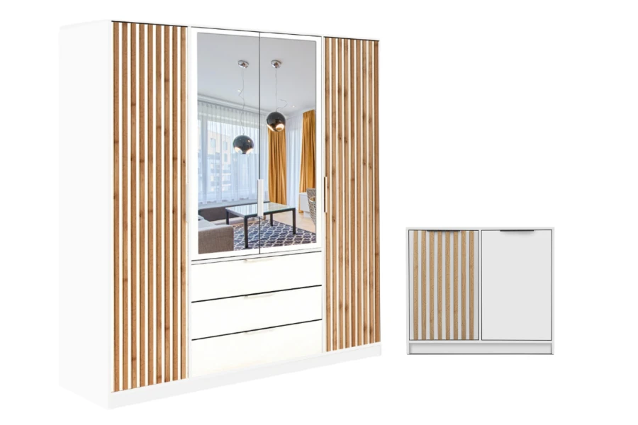 Modern wardrobe in white with wooden slats, mirror and matching small cabinet.