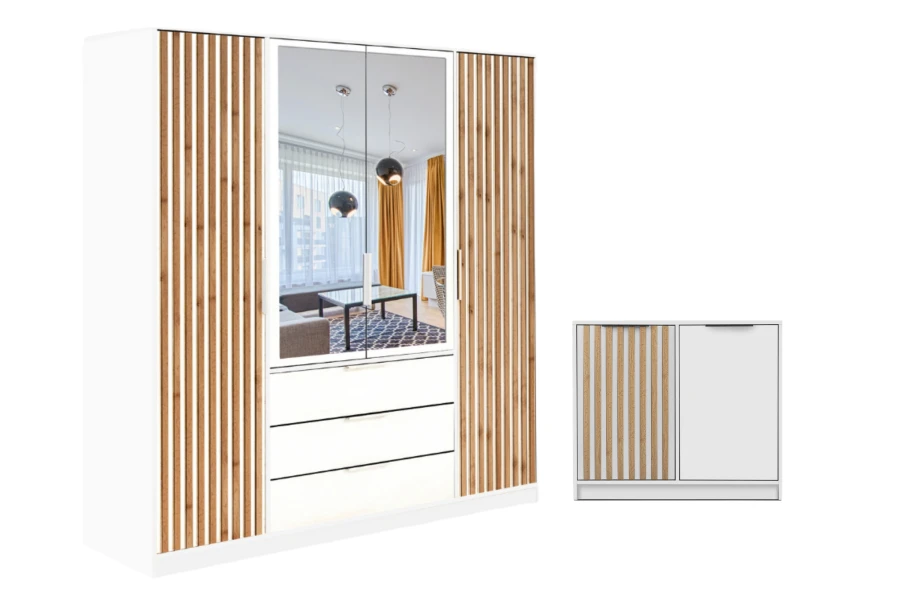 Moderner Kleiderschrank in Weiß mit Holzlamellen, Spiegel und passendem kleinem Schrank.
