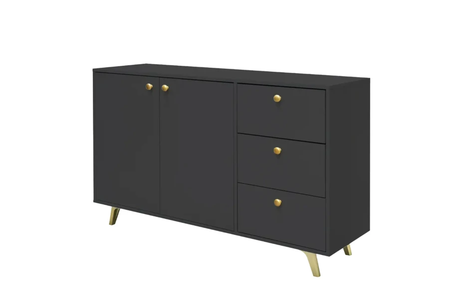 Stilvolles Sideboard in Anthrazit mit goldenen Griffen und Füßen für ein modernes Zuhause.