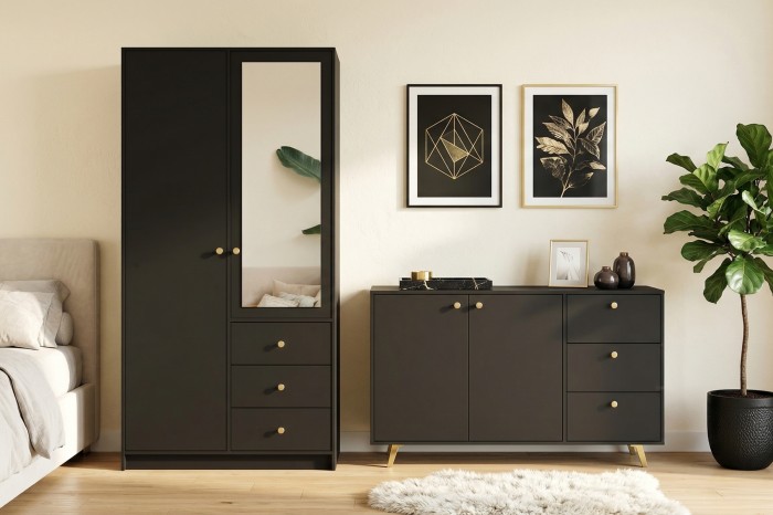 Elegantes Schlafzimmer-Set mit schwarzem Kleiderschrank und passender Kommode im modernen Stil.