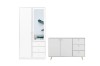 Weißer Kleiderschrank mit Spiegel und Sideboard-Set, minimalistisches Design mit goldenen Details.