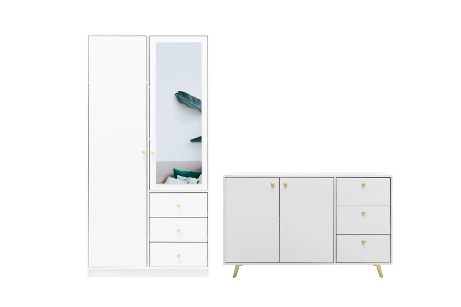 Weißer Kleiderschrank mit Spiegel und Sideboard-Set, minimalistisches Design mit goldenen Details.