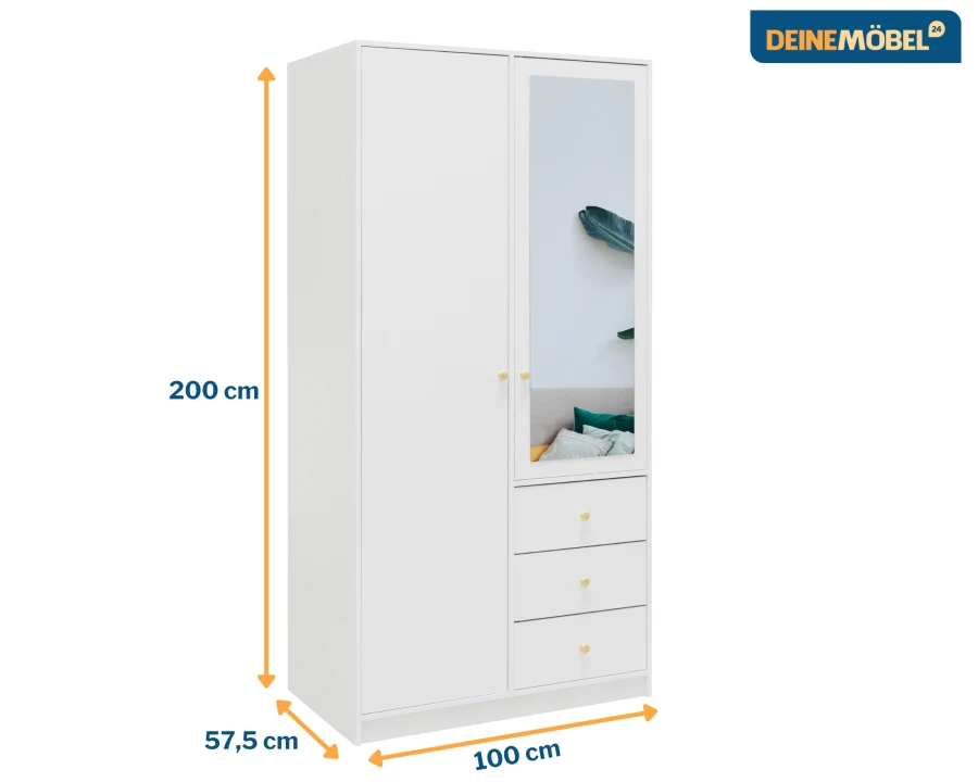Weißer Kleiderschrank mit Spiegel und 3 Schubladen, Maße: 200 cm Höhe, 100 cm Breite.