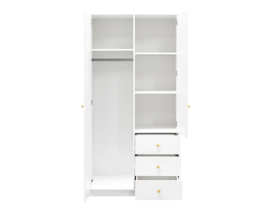 Innenansicht weißer Kleiderschrank mit Kleiderstange, Regalfächern und drei offenen Schubladen.