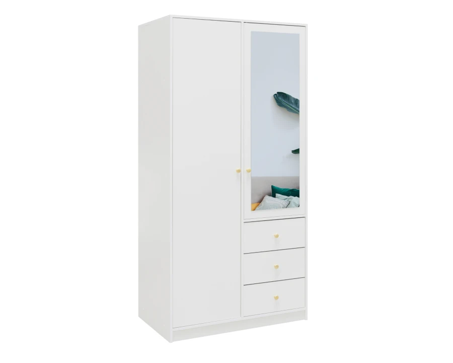 Weißer Kleiderschrank mit Spiegeltür und drei Schubfächern für das Schlafzimmer.