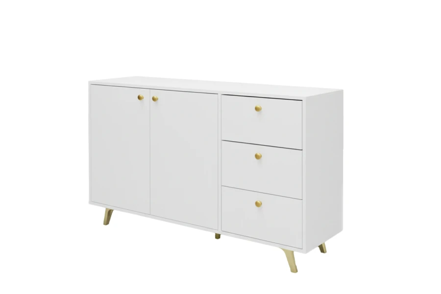 Weißes Sideboard mit goldenen Griffen und Beinen, modernes Design.