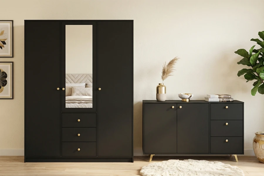 Schwarzes Schlafzimmer-Set mit Kleiderschrank und Sideboard in modernem Stil.