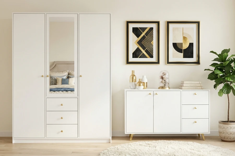Weißes Möbel-Set fürs Schlafzimmer: Schrank mit Spiegel und Sideboard.