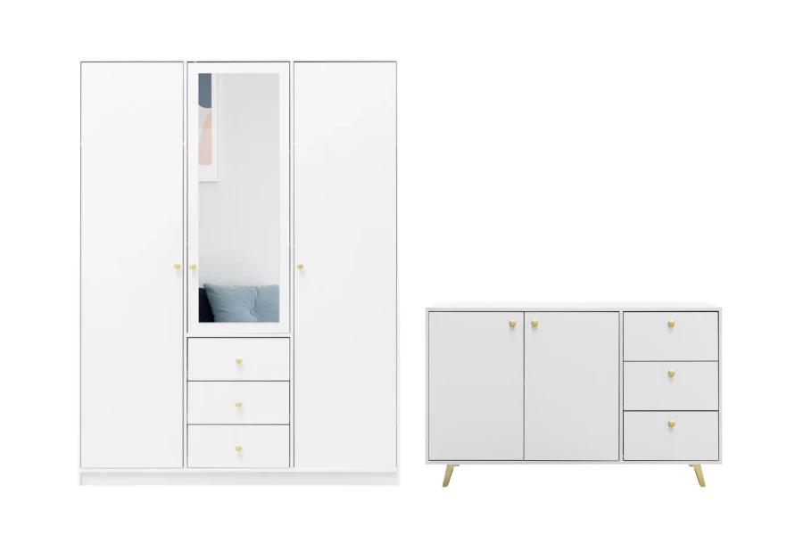 Set aus weißem Kleiderschrank mit Spiegel und passendem Sideboard.