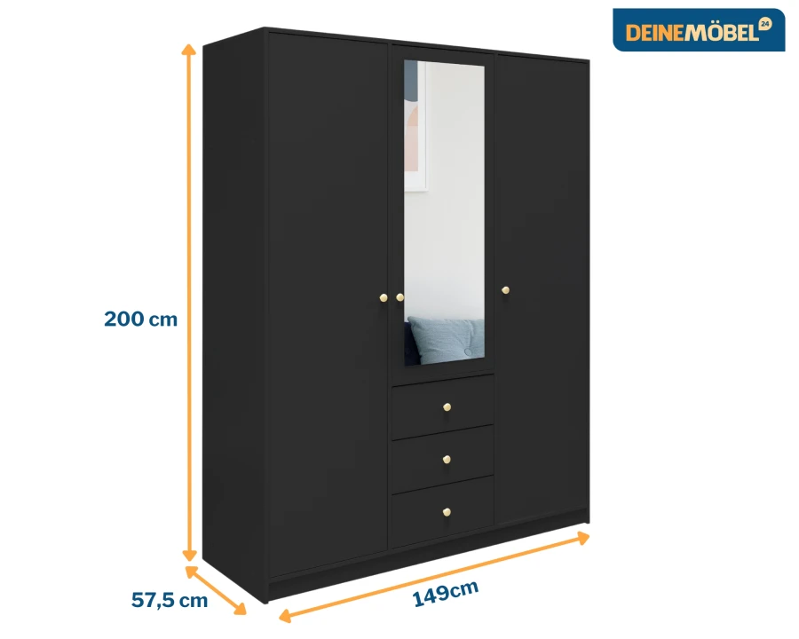 Schwarzer Kleiderschrank mit Spiegel & Schubladen, 3-türig - Maße: 149x200x57,5 cm