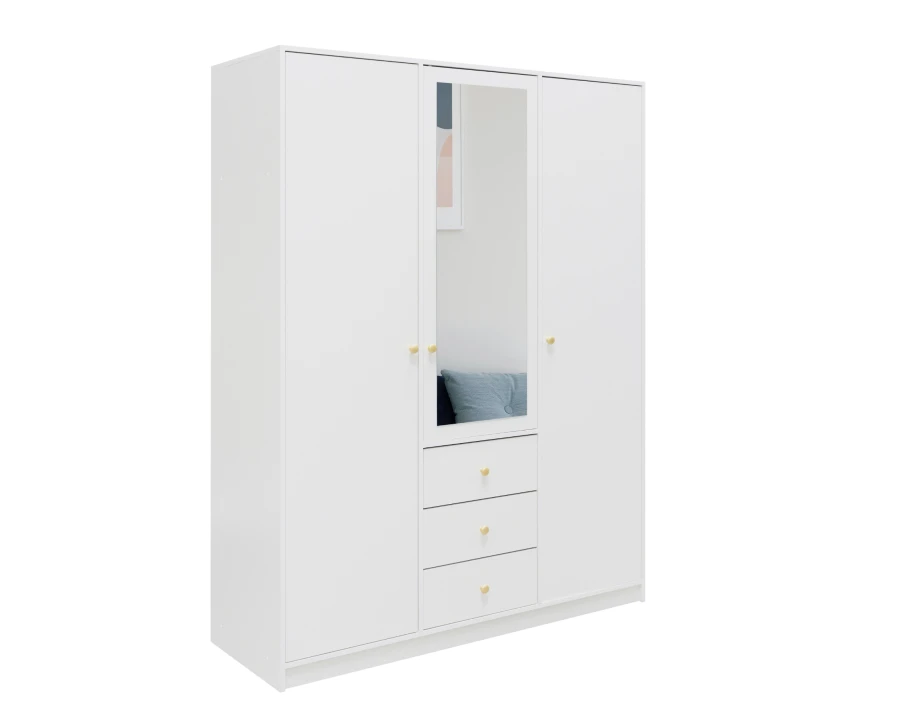 Moderner weißer Kleiderschrank mit 3 Türen, Spiegel und 3 Schubladen