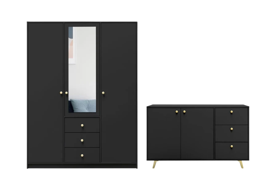 Schwarzes Möbel-Set: Kleiderschrank mit Spiegel und passende Kommode.