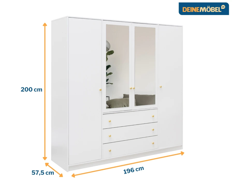 Weißer 4-türiger Kleiderschrank mit Spiegeln und Maßen: 196x200x57,5 cm.