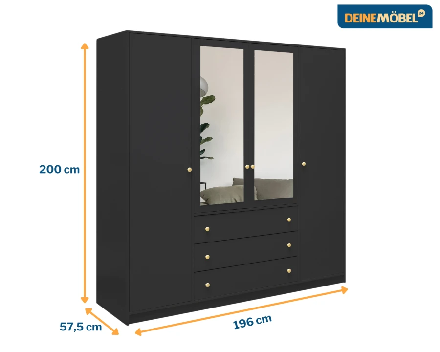 Schwarzer 4-türiger Kleiderschrank mit Spiegeln und Maßen: 196x200x57,5 cm.
