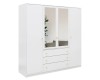 Moderner weißer Kleiderschrank mit vier Türen, zwei Spiegeln und Schubladen.