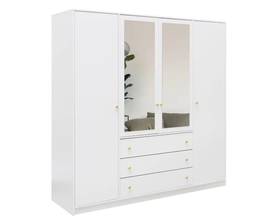 Moderner weißer Kleiderschrank mit vier Türen, zwei Spiegeln und Schubladen.