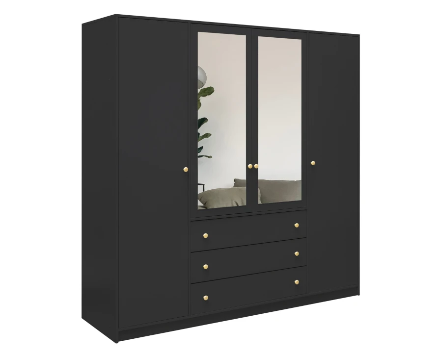 Großer Kleiderschrank in Anthrazit mit Spiegeltüren und goldenen Griffen für das Schlafzimmer.