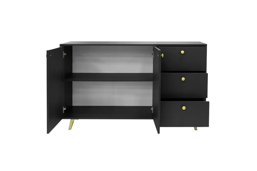Schwarzes Sideboard mit geöffneten Türen und Schubladen für viel Stauraum.