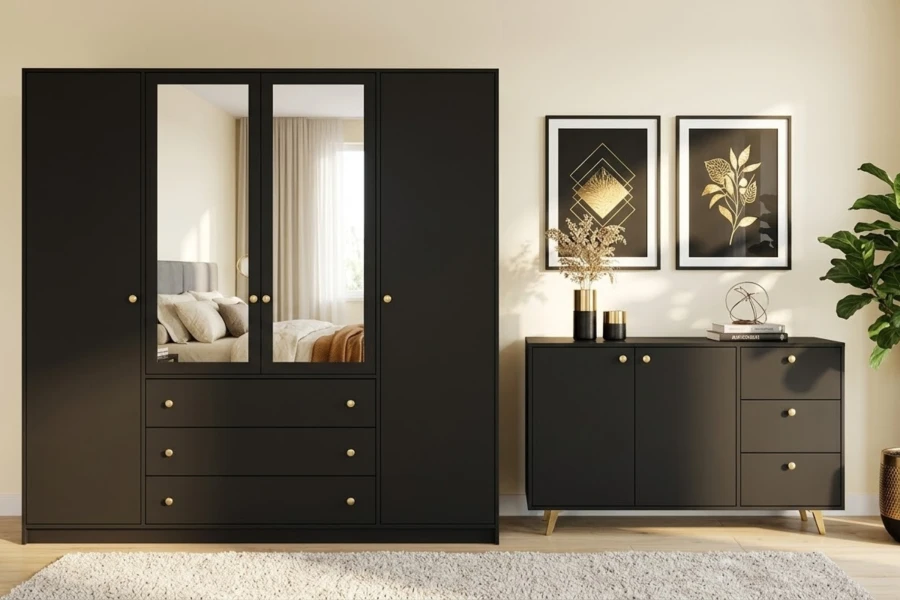 Schwarzes Schlafzimmer-Set mit großem Kleiderschrank und Sideboard in Deko-Ambiente.