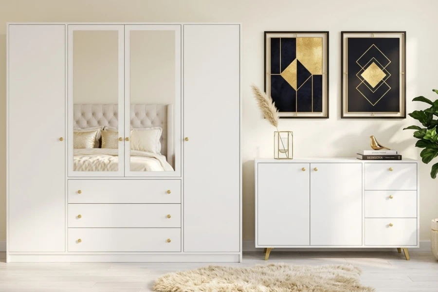 Helles Schlafzimmer-Set in Weiß mit Schrank, Kommode und goldenen Akzenten.