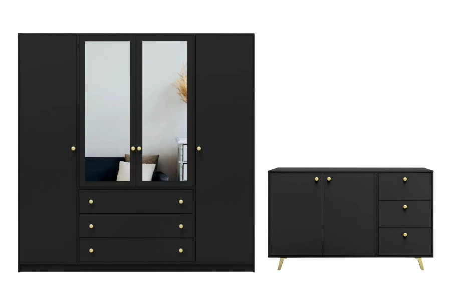 Set aus schwarzem viertürigem Kleiderschrank und Sideboard auf weißem Grund.