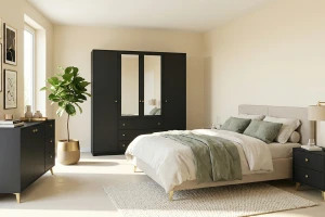 SEATTLE Nachttisch mit 2 Schubladen, goldfarbenen Griffen und Metallfüßen, in Schwarz matt oder Weiß matt Deine Möbel 