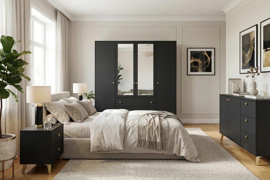 Modernes Schlafzimmer Set in Schwarz mit Kleiderschrank, Kommode und beigem Bett.