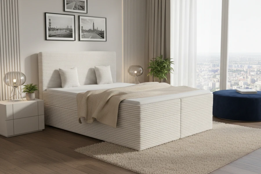 Modernes beiges Boxspringbett in Cord-Optik vor einem großen Fenster.