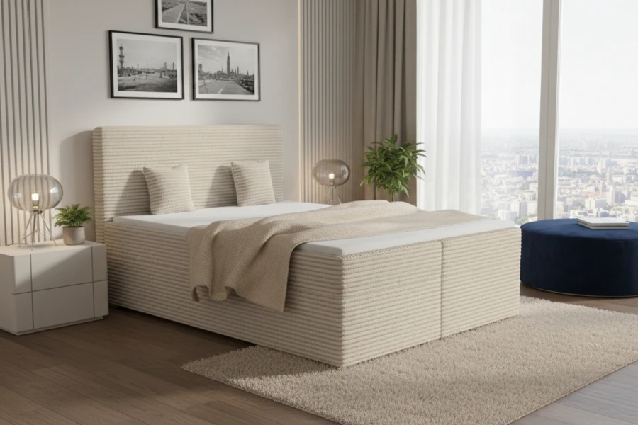 Modernes Boxspringbett in Beige mit Cord-Bezug im hellen Schlafzimmer mit Stadtblick.